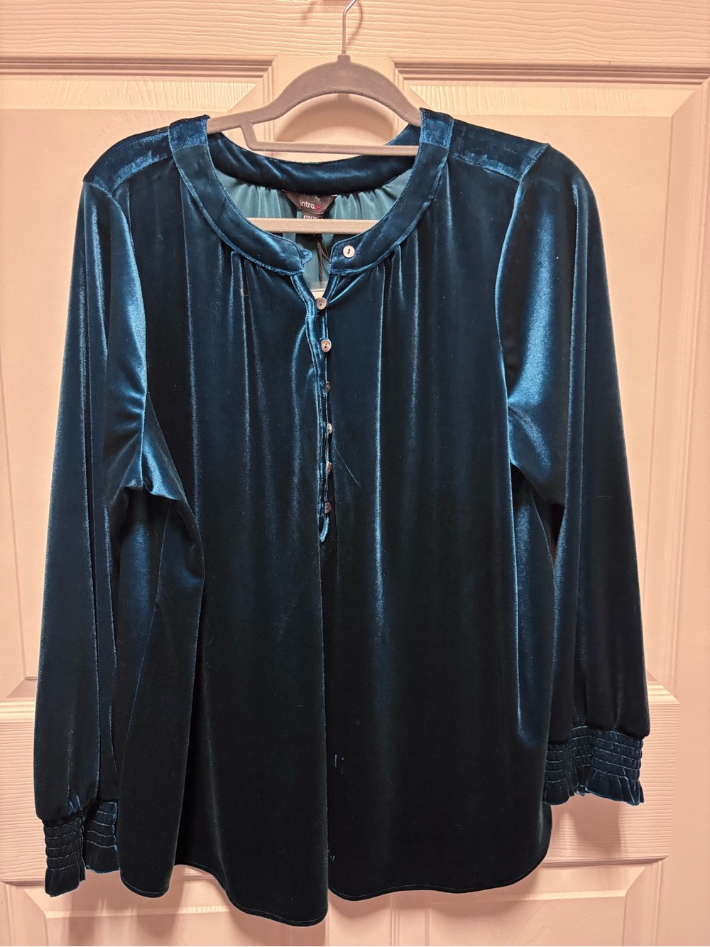 intro. Teal Velvet Button-Front Long Sleeve Top